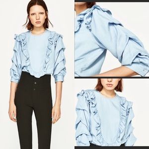 Zara Chambray Bib Ruffle Top